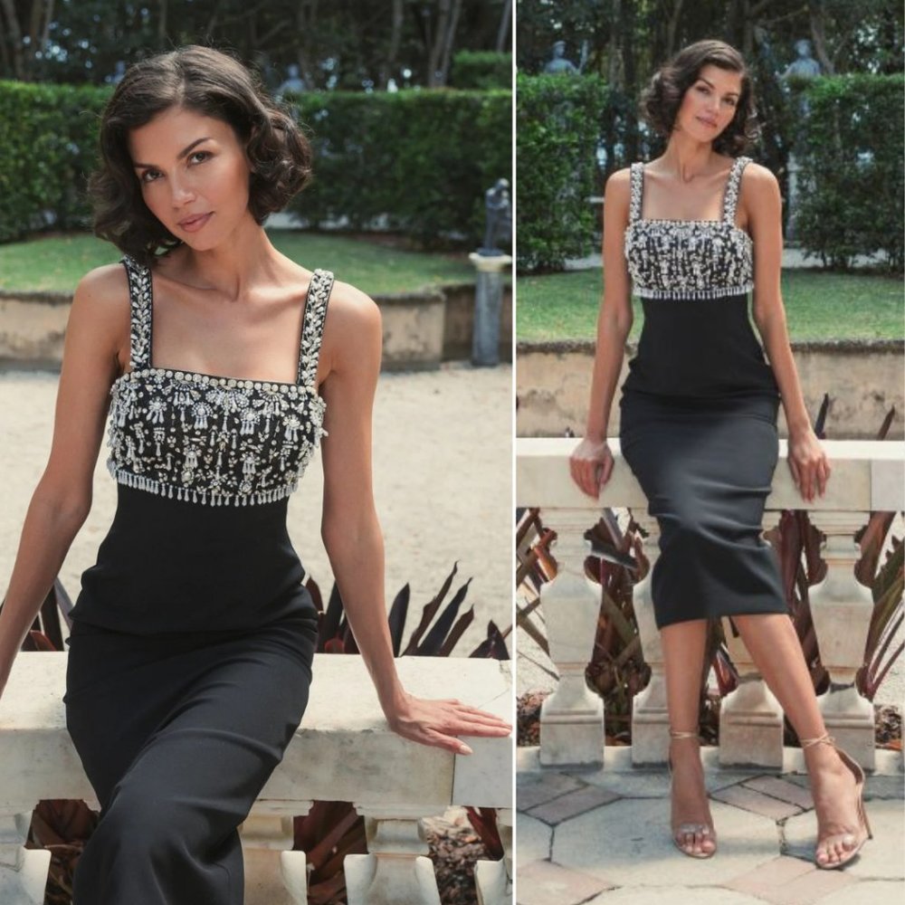 Mac‎ Duggal 2226 Size 4 Black Wide Strap Jeweled Embellished Top Midi Dress NWT